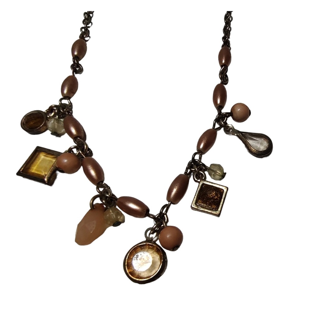 Liz Claiborne Vintage Necklace Gold Tone Amber Copper and Pink Beads Signed 16in